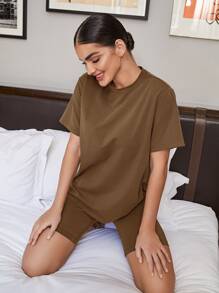 SHEIN BAE Solid Short Sleeve Tee & Cycling Shorts Set - Mocha Brown - View 5