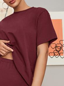 SHEIN BAE Solid Round Neck Top & Cycling Shorts Set - Maroon - View 2
