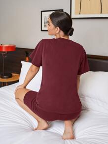 SHEIN BAE Solid Round Neck Top & Cycling Shorts Set - Maroon - View 3