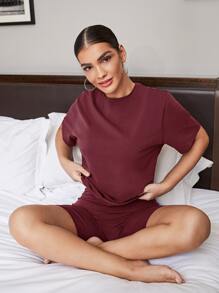 SHEIN BAE Solid Round Neck Top & Cycling Shorts Set - Maroon - View 4
