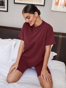 SHEIN BAE Solid Round Neck Top & Cycling Shorts Set - Maroon - View 5