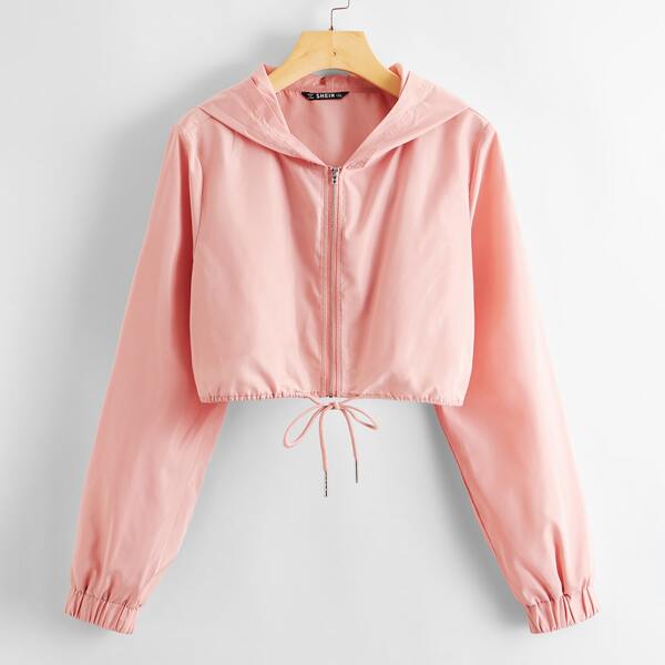 

Plus Drawstring Hem Zipper Up Wind Jacket, Dusty pink