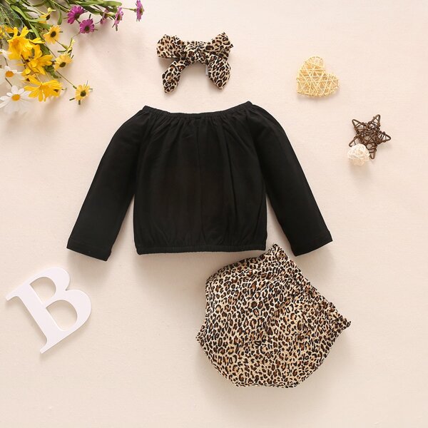 

Baby Girl Off Shoulder Top & Leopard Shorts & Headband, Multicolor