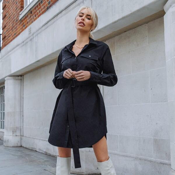 

Solid Flap Pocket Belted Shirt Dress, Black