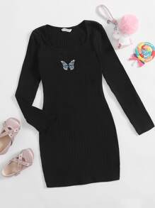 SHEIN Vestido De Punto Acanalado Bordado Con Mariposas Para Niña En Edad Preadolescente - Negro - Ver 1