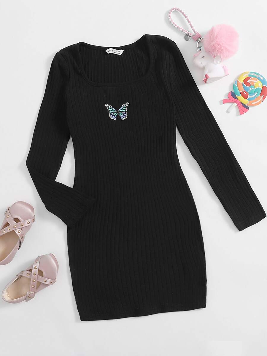 SHEIN Vestido De Punto Acanalado Bordado Con Mariposas Para Niña En Edad Preadolescente - Negro - Ver 1