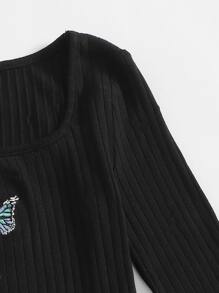 SHEIN Vestido De Punto Acanalado Bordado Con Mariposas Para Niña En Edad Preadolescente - Negro - Ver 4
