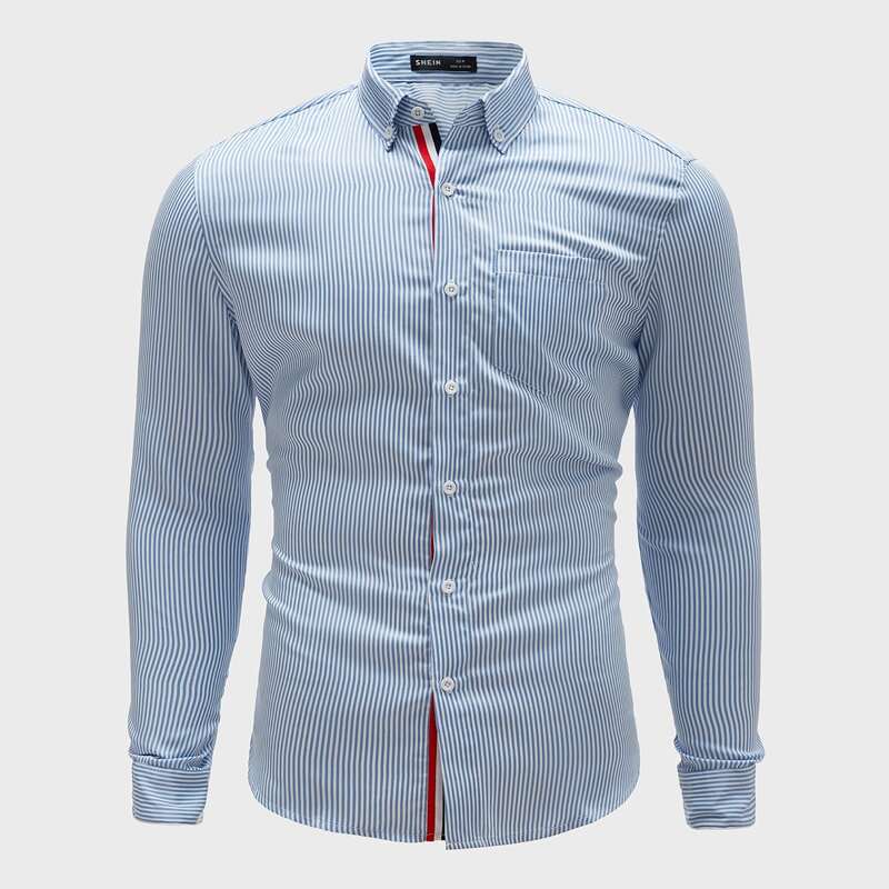 

Guys Button Down Collar Tape Detail Striped Shirt, Blue and white
