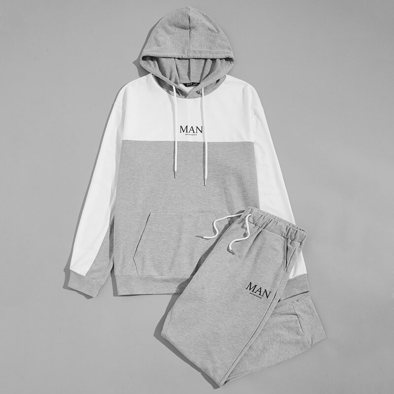 

Guys Letter Graphic Colorblock Hoodie & Sweatpants Set, Light grey