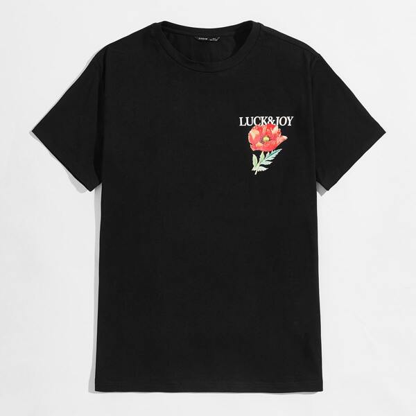 

Men Letter and Floral Print Tee, Black