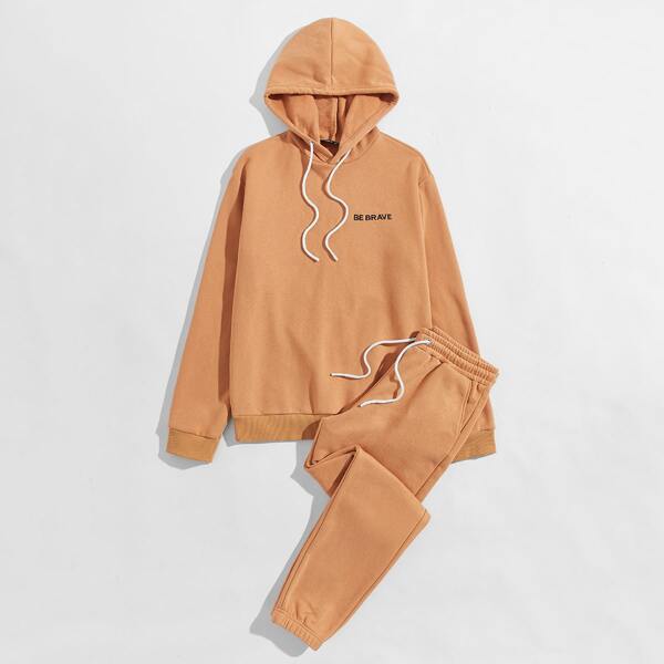 

Men Slogan Embroidered Hoodie & Sweatpants Set, Camel