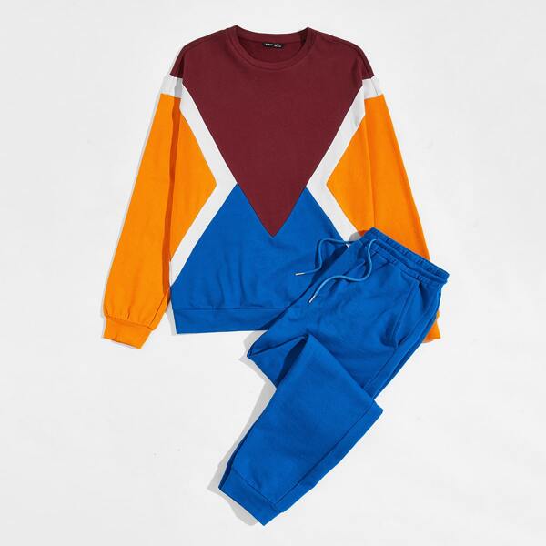

Men Colorblock Pullover and Drawstring Waist Joggers Set, Multicolor