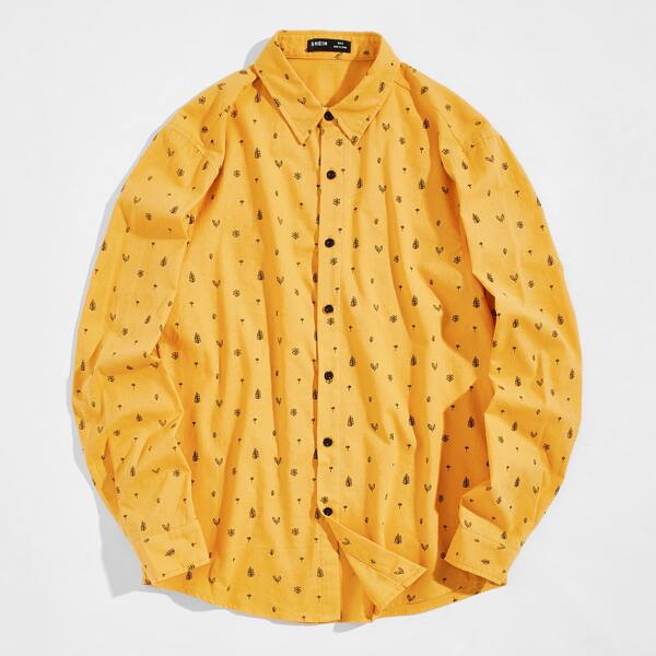 

Men Allover Plants Print Shirt, Mustard yellow