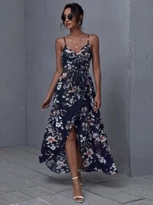 SHEIN VCAY Wrap Belted Floral Print Cami Dress