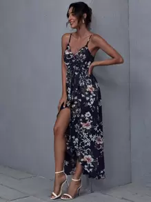 SHEIN VCAY 圍裹腰帶花卉圖案吊帶洋裝 - 彩色 - 查看 4