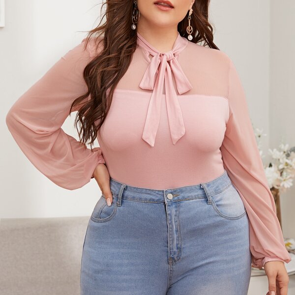 

Plus Tie Neck Mesh Yoke Lantern Sleeve Top, Pastel baby pink