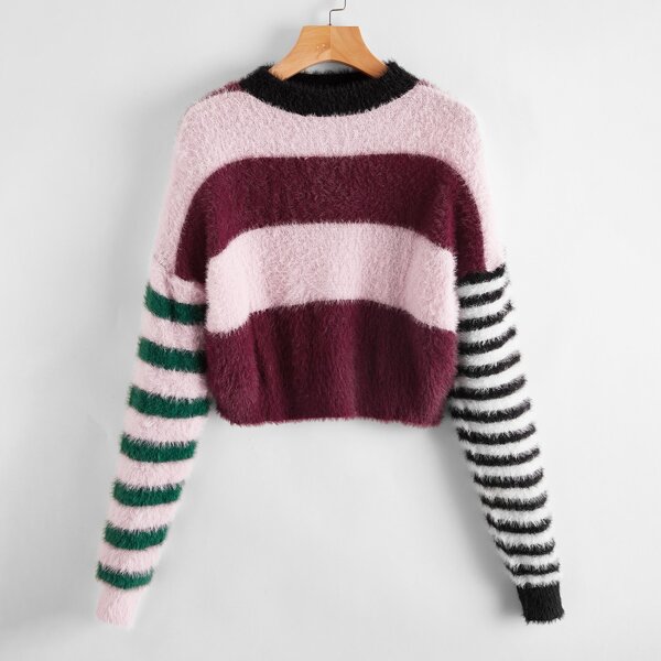 

Plus Drop Shoulder Striped Sleeve Fuzzy Sweater, Multicolor
