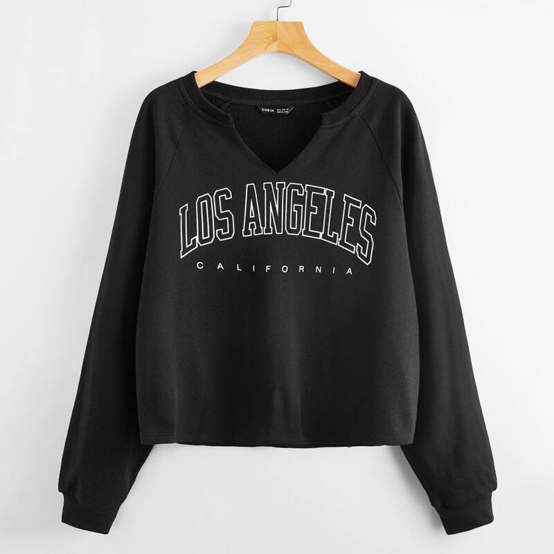 

Letter Graphic Notch Neck Raglan Sleeve Pullover, Black