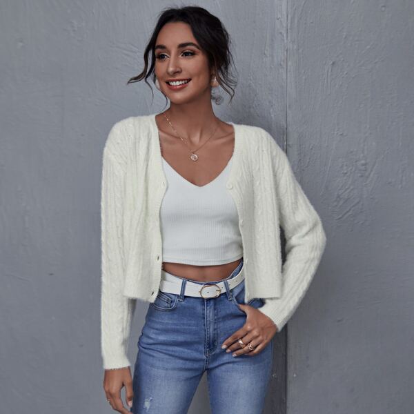 

Button Up Cable Knit Fuzzy Cardigan, Beige