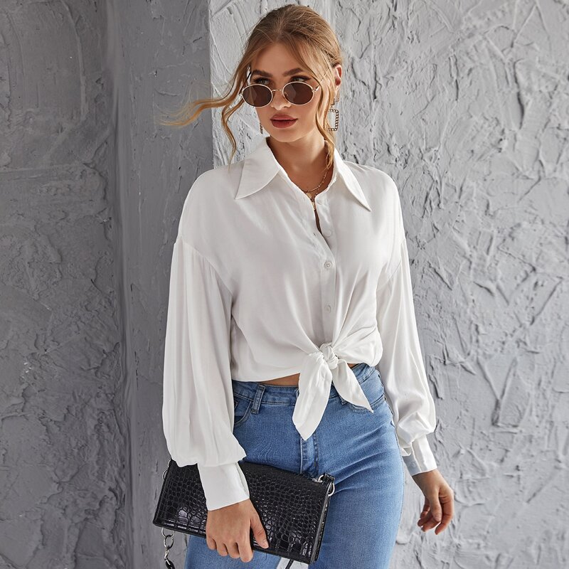 

Button Front Drop Shoulder Blouse, White