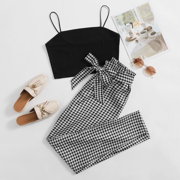 

Rib-knit Crop Cami Top With Gingham Print Belted Pants, Black and white