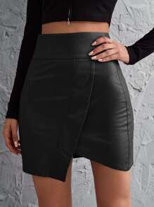 SHEIN Privé Wide Waistband Wrap Asymmetrical PU Leather Skirt - Black - View 1