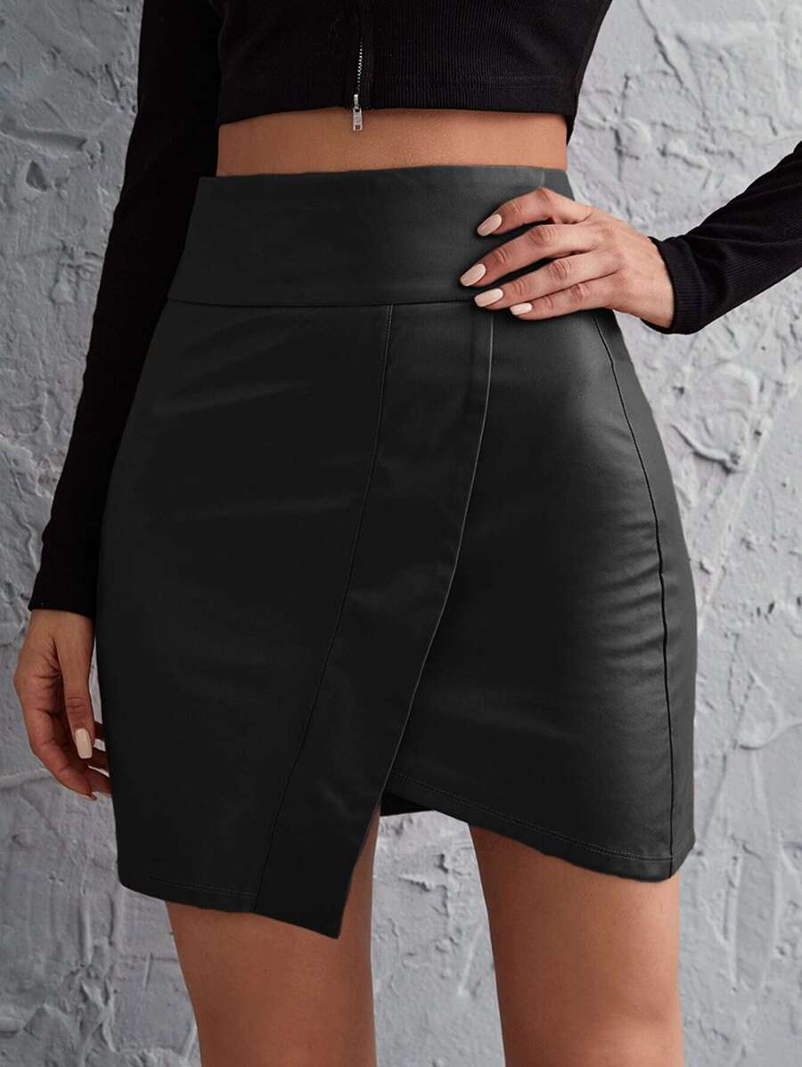 SHEIN Privé Wide Waistband Wrap Asymmetrical PU Leather Skirt - Black - View 1