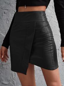 SHEIN Privé Wide Waistband Wrap Asymmetrical PU Leather Skirt - Black - View 4