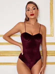 SHEIN Solid Velvet Cami Bodysuit - Maroon - View 1