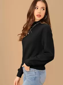 SHEIN Essnce Mock-Neck Drop Shoulder Pullover,Long Sleeve Tops In Fall/Winter - Black - View 3
