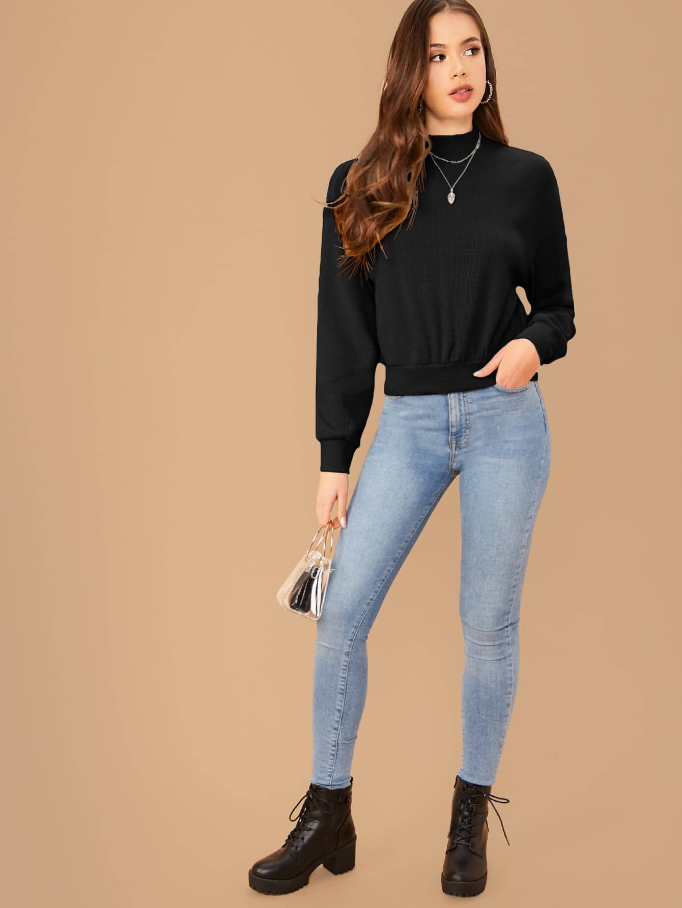 Mock-Neck Drop Shoulder Pullover,Long Sleeve Tops In Fall/Winter