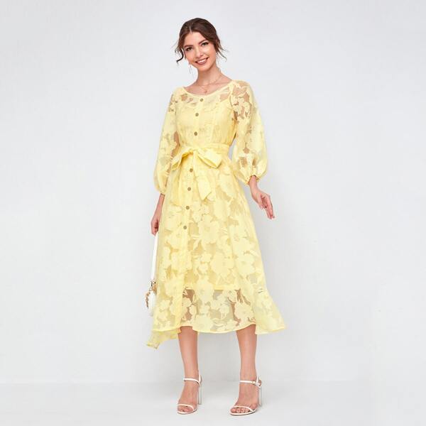 

Button Front Jacquard Flower Organza Dress With Camisole, Yellow