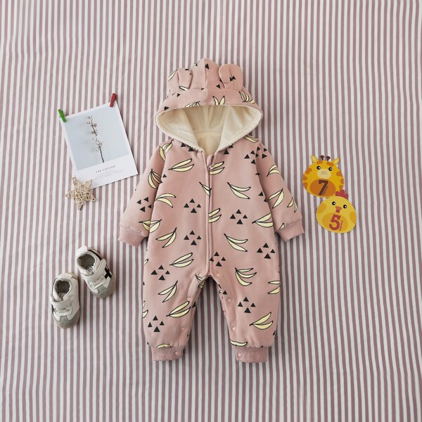 

Baby Girl 3D Ears Design Banana Print Hooded Jumpsuit, Dusty pink