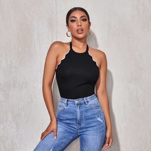 

Contrast Trim Rib-knit Halter Top, Black