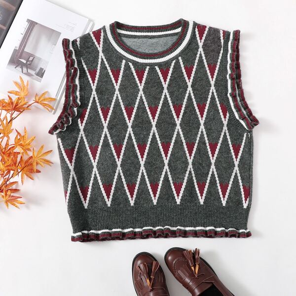 

Plus Argyle Pattern Frill Trim Sweater Vest, Dark grey