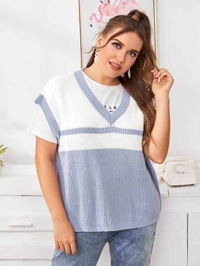 Plus V-neck Two Tone Sweater Vest