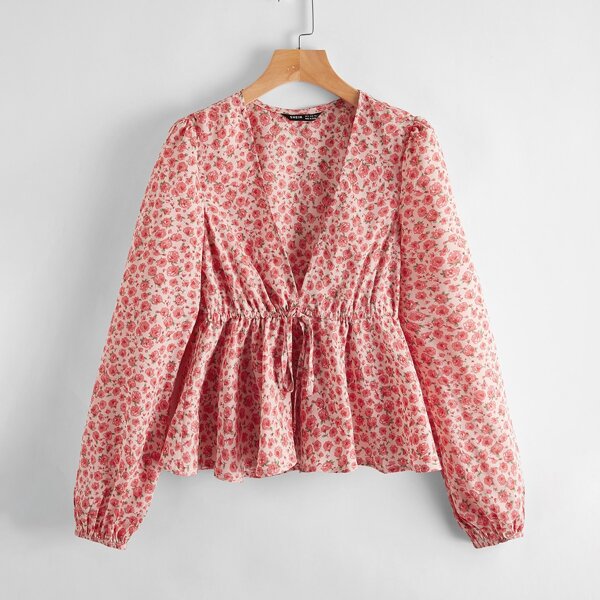 

Ditsy Floral Drawstring Waist Peplum Blouse, Pink