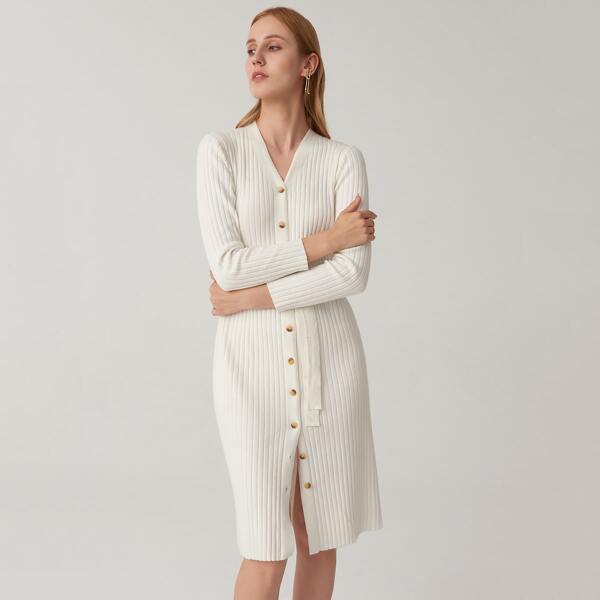 

Button Front Self Belted Rib-knit Sweater Dress, White