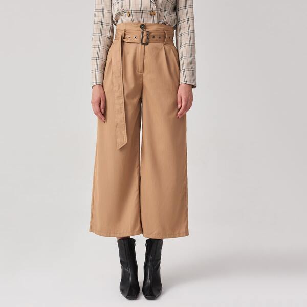 

High Waist Buckle Belted Palazzo Pants, Khaki