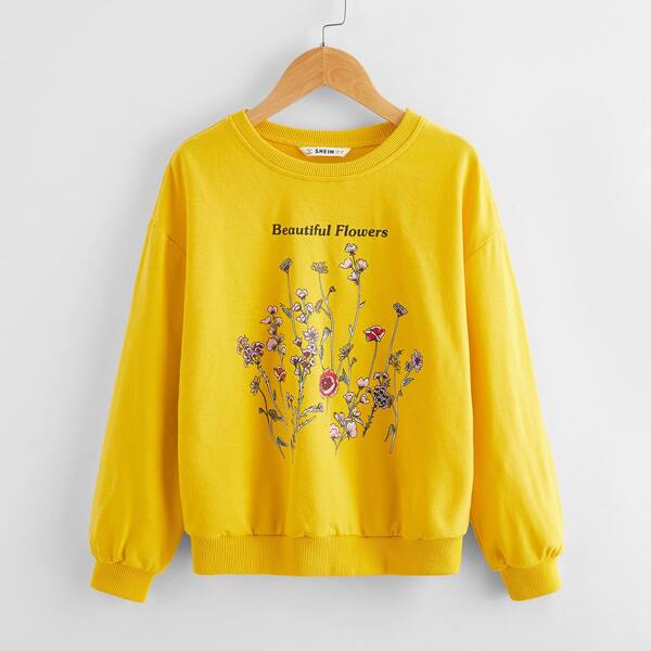 

Girls Letter and Floral Print Pullover, Yellow