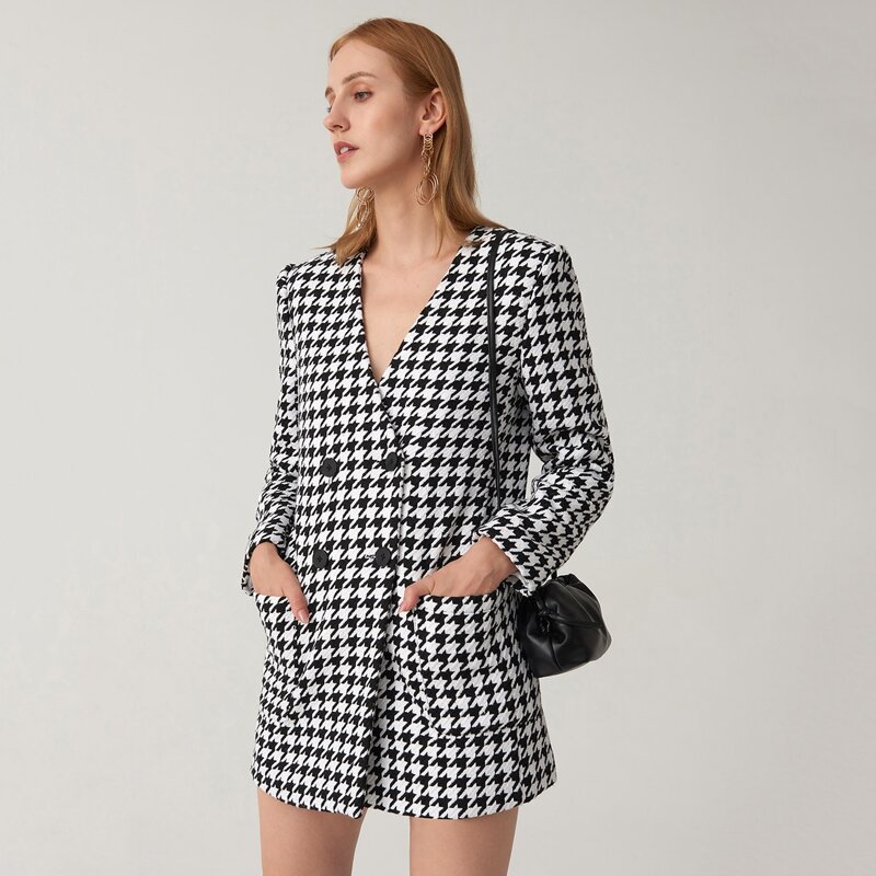 

Surplice Neck Patch Pocket Houndstooth Tweed Blazer Dress, Black and white