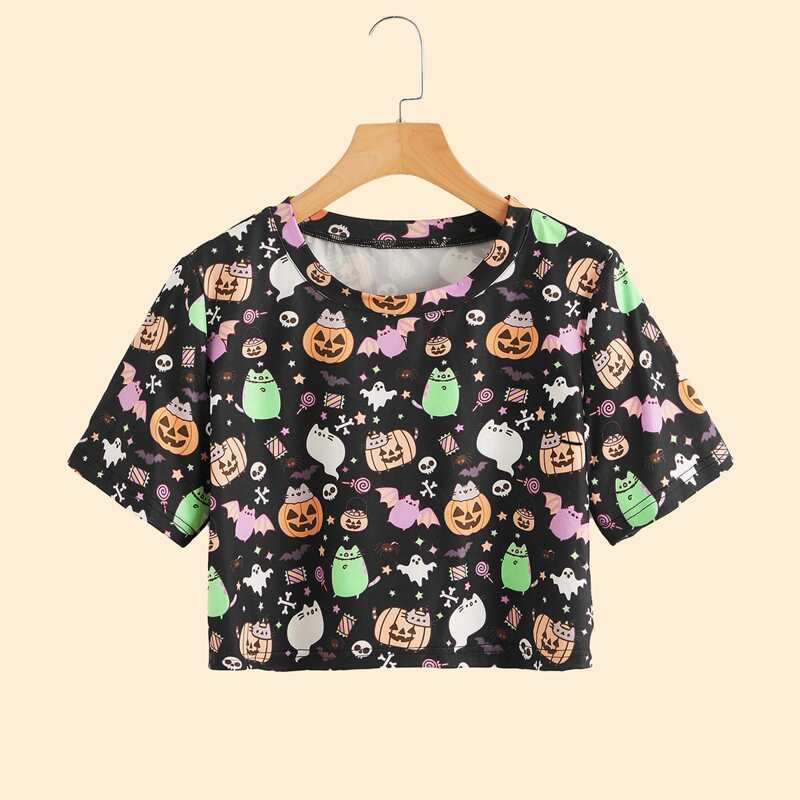 

Halloween Graphic All Over Print Crop Tee, Multicolor