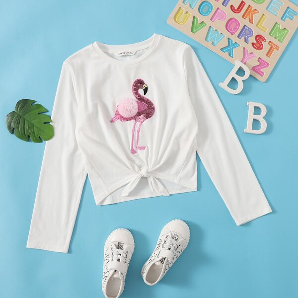 

Girls Pompom Detail Sequin Flamingo Knot Hem Tee, White