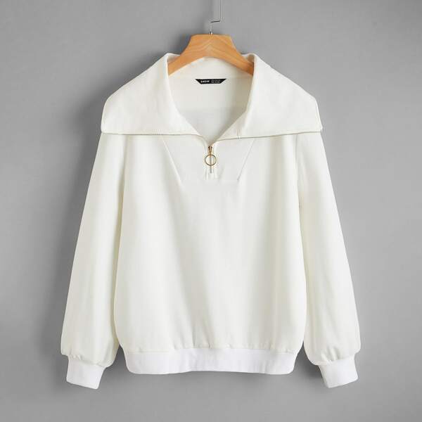 

Collared Zip Half Placket Pullover, White