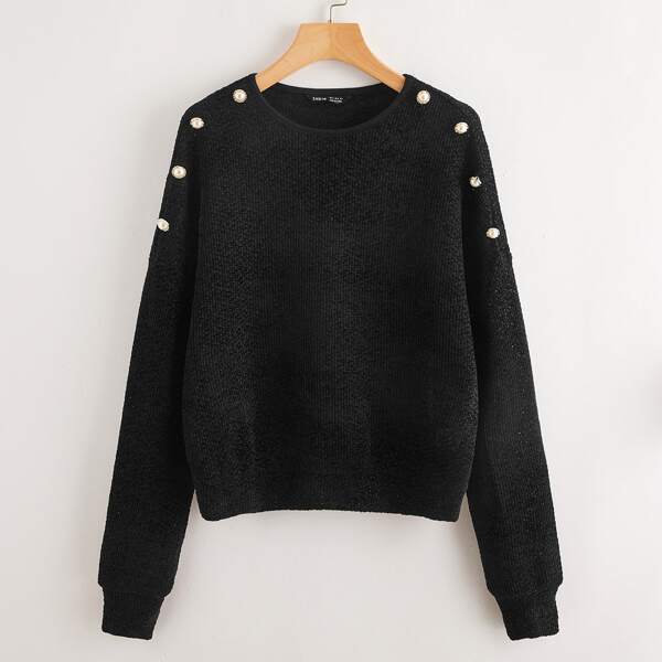 

Solid Pearl Button Detail Tee, Black