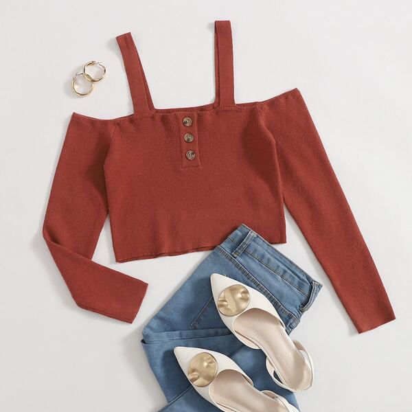 

Cold Shoulder Button Half Placket Crop Sweater, Redwood