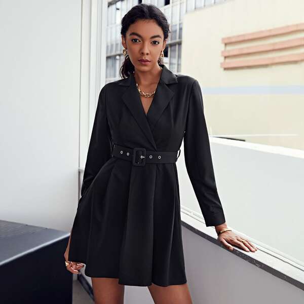 

Lapel Collar Buckle Belted Blazer Dress, Black