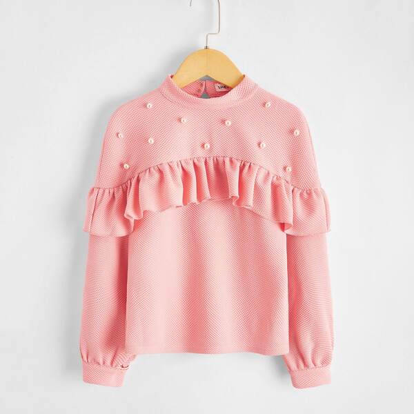 

Girls Pearl Beaded Ruffle Trim Textured Top, Baby pink