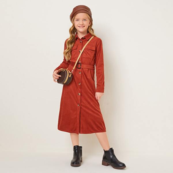 

Girls Flap Pocket Buckle Belted Suede Shirt Dress, Burnt orange