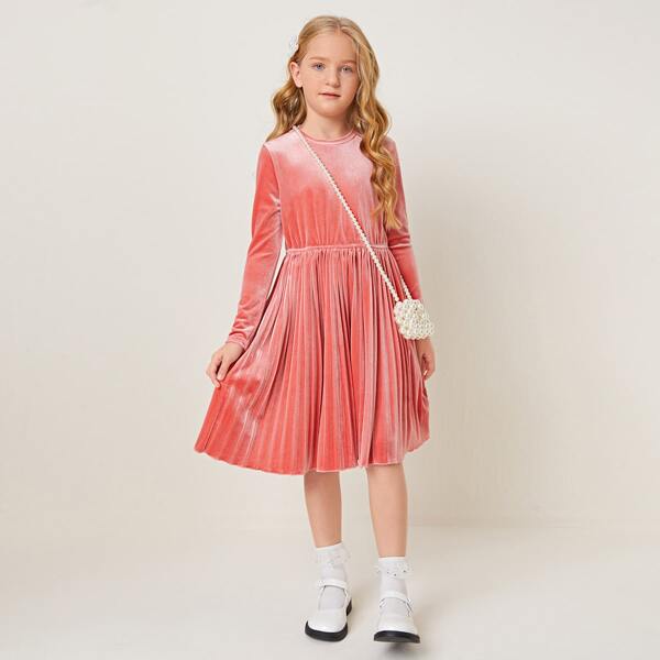 

Girls Pleated Hem Solid Velvet Dress, Coral pink